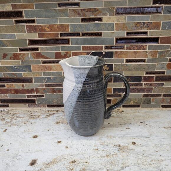 Vintage Studio Pottery Pitcher, Retro Hand Thrown, Grays and White - Picture 1 of 7